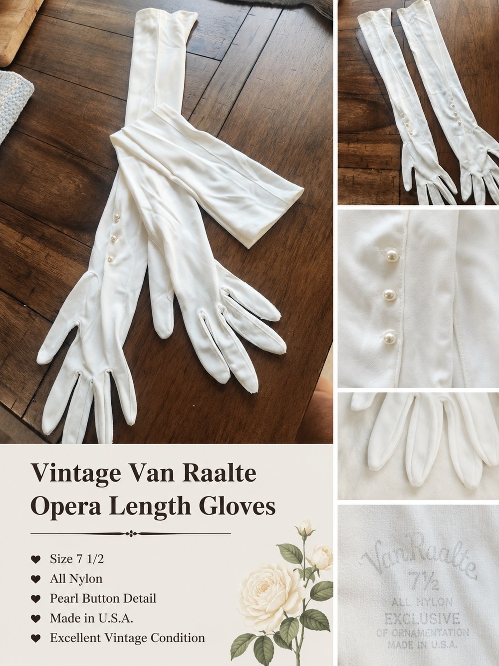 Vintage Van Raalte Ivory Opera Gloves Size 7.5 Pearl Button Bridal Formal USA
